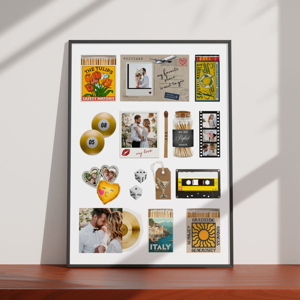 Personalisiertes Matchbook-Poster mit eigenen Fotos, Streichholzschachteln und Vintage-Elementen als moderne Wanddeko.