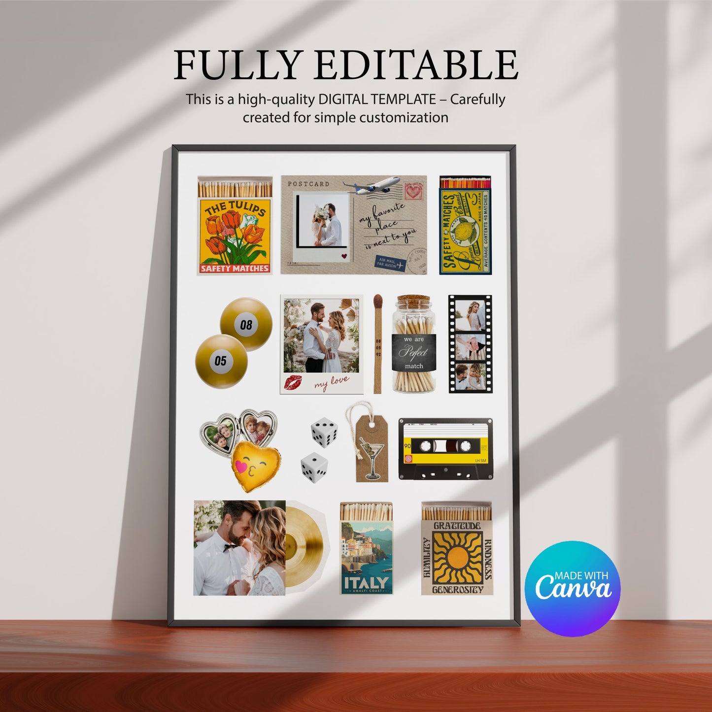 Editierbares Matchbook-Poster als digitaler Download mit Canva-Logo und Hinweisen zur einfachen Personalisierung.