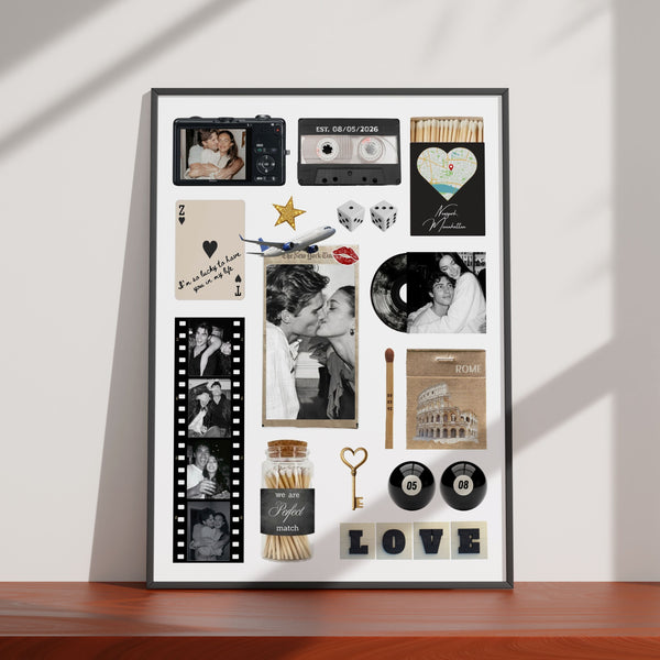 Personalisiertes Matchbook-Poster mit Paarfotos, Kamera-Motiv und romantischen Grafiken als digitale Wanddeko.