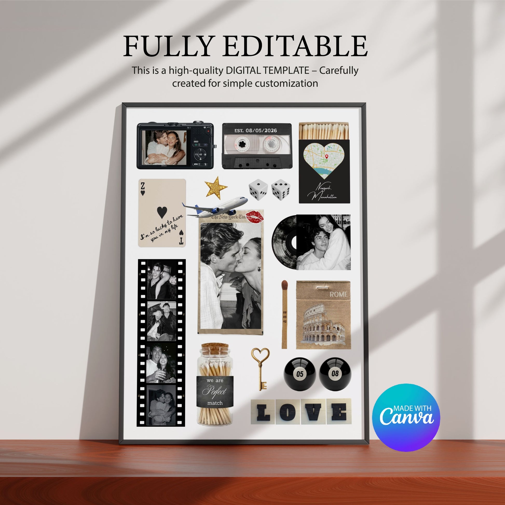 Editierbares Matchbook-Poster Template in Canva für ein personalisiertes Geschenk für Paare zur Hochzeit.