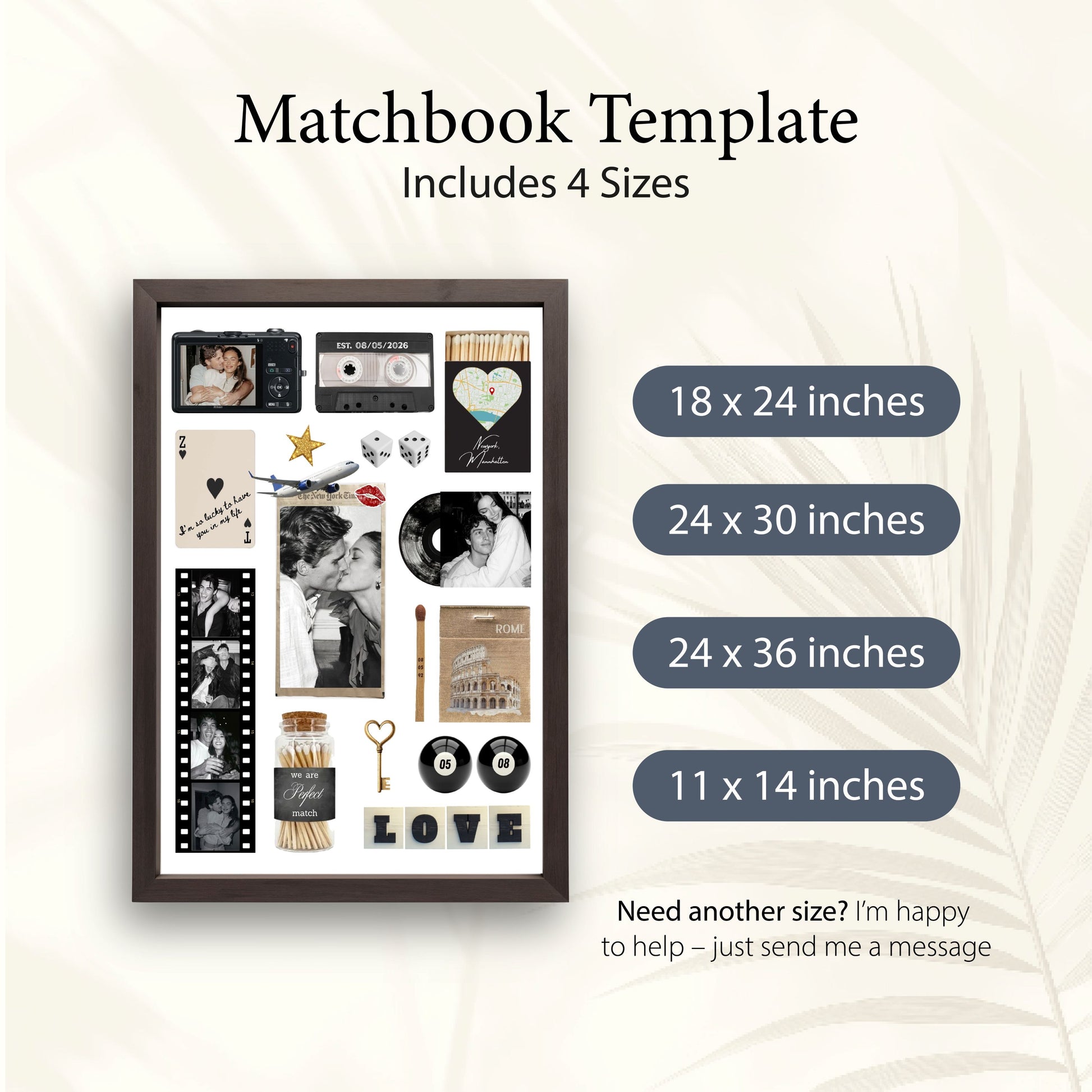 Matchbook-Poster Template in vier verschiedenen Größen von 11x14 bis 24x36 Zoll für individuelle digitale Wanddeko.