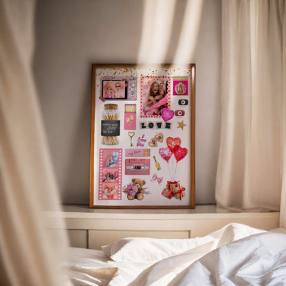 Gerahmtes personalisiertes Matchbook Poster als Wanddeko auf einem Sideboard im Schlafzimmer neben hellen Vorhängen.