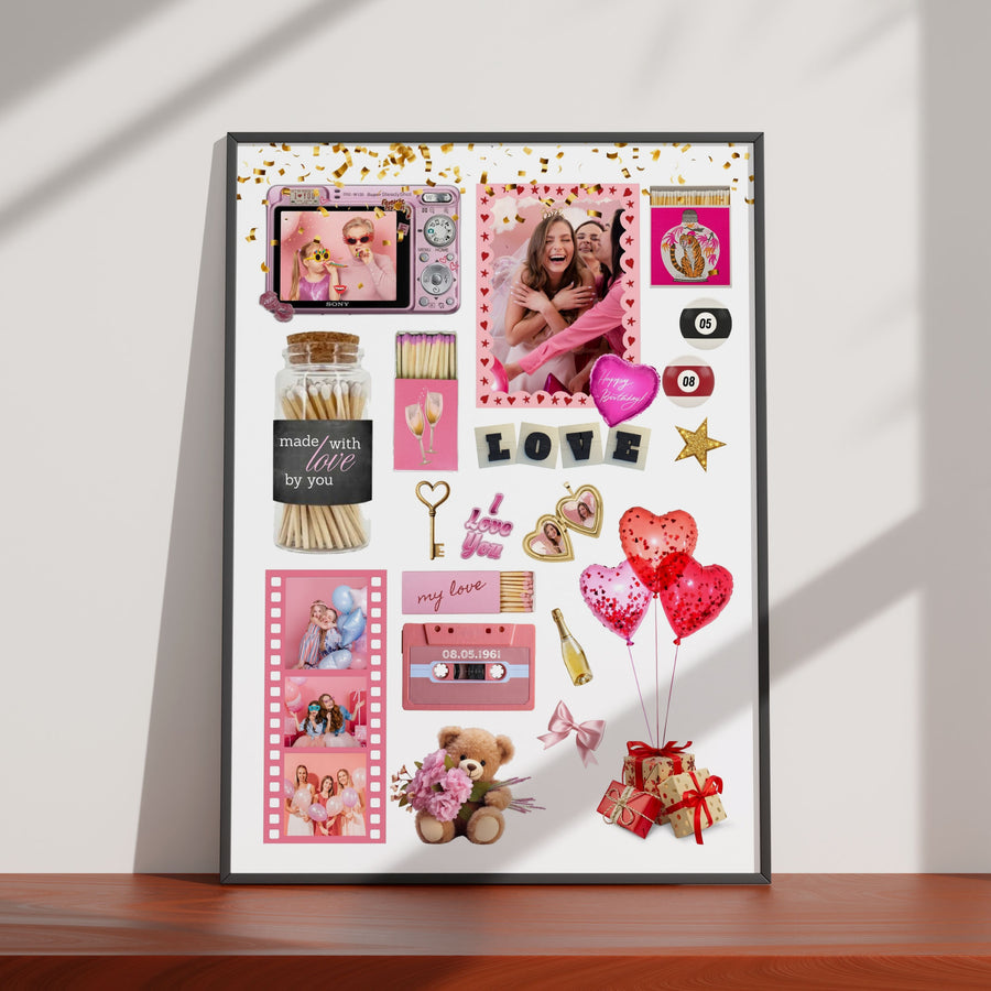Personalisiertes Matchbook Poster mit Fotocollage, Retro-Kassetten-Design und Matchbox-Illustration als digitale Wanddeko.