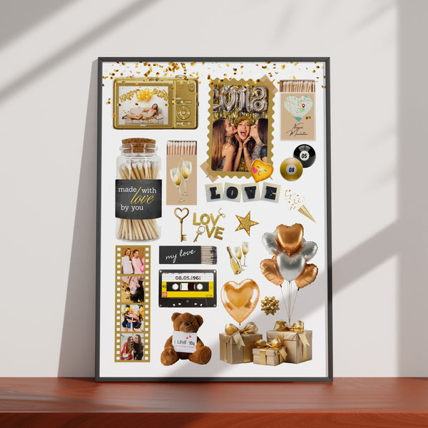 Personalisiertes Matchbook-Poster mit Collagen-Elementen wie Fotos, Streichholzschachteln und goldenen Deko-Details.