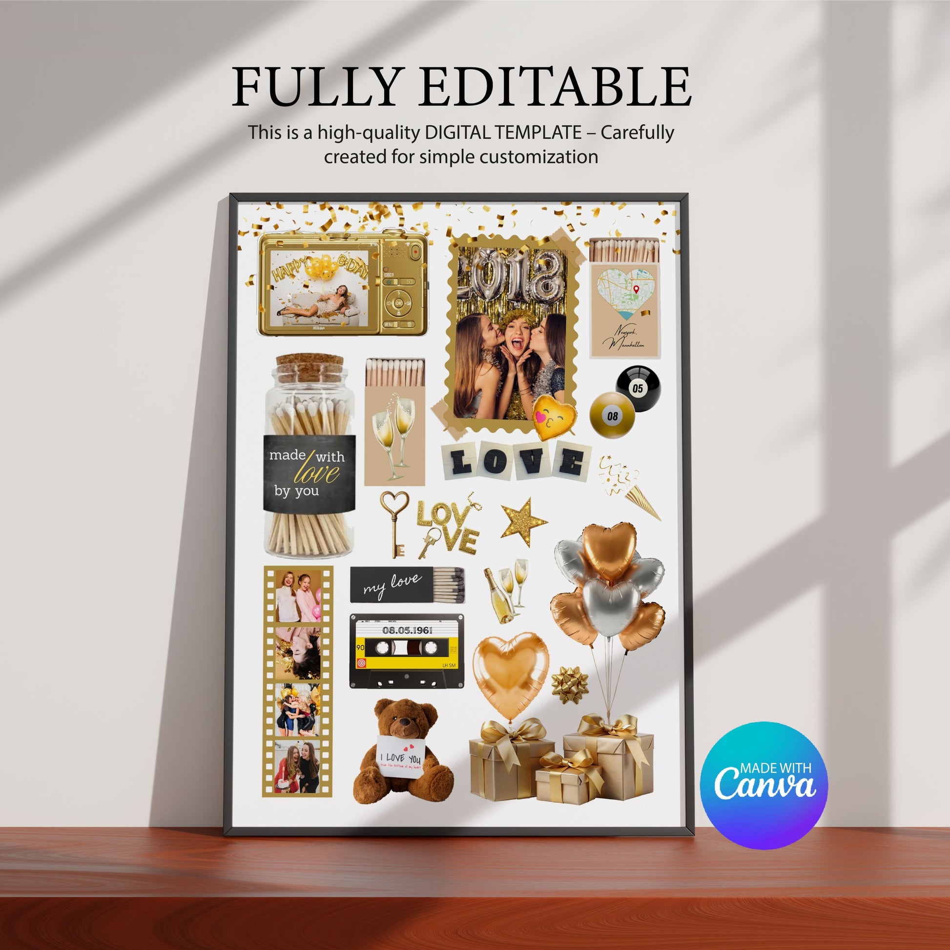 Personalisiertes Matchbook-Poster als bearbeitbares Canva-Design mit Fotos, Gold-Akzenten und „Fully Editable“-Hinweis.