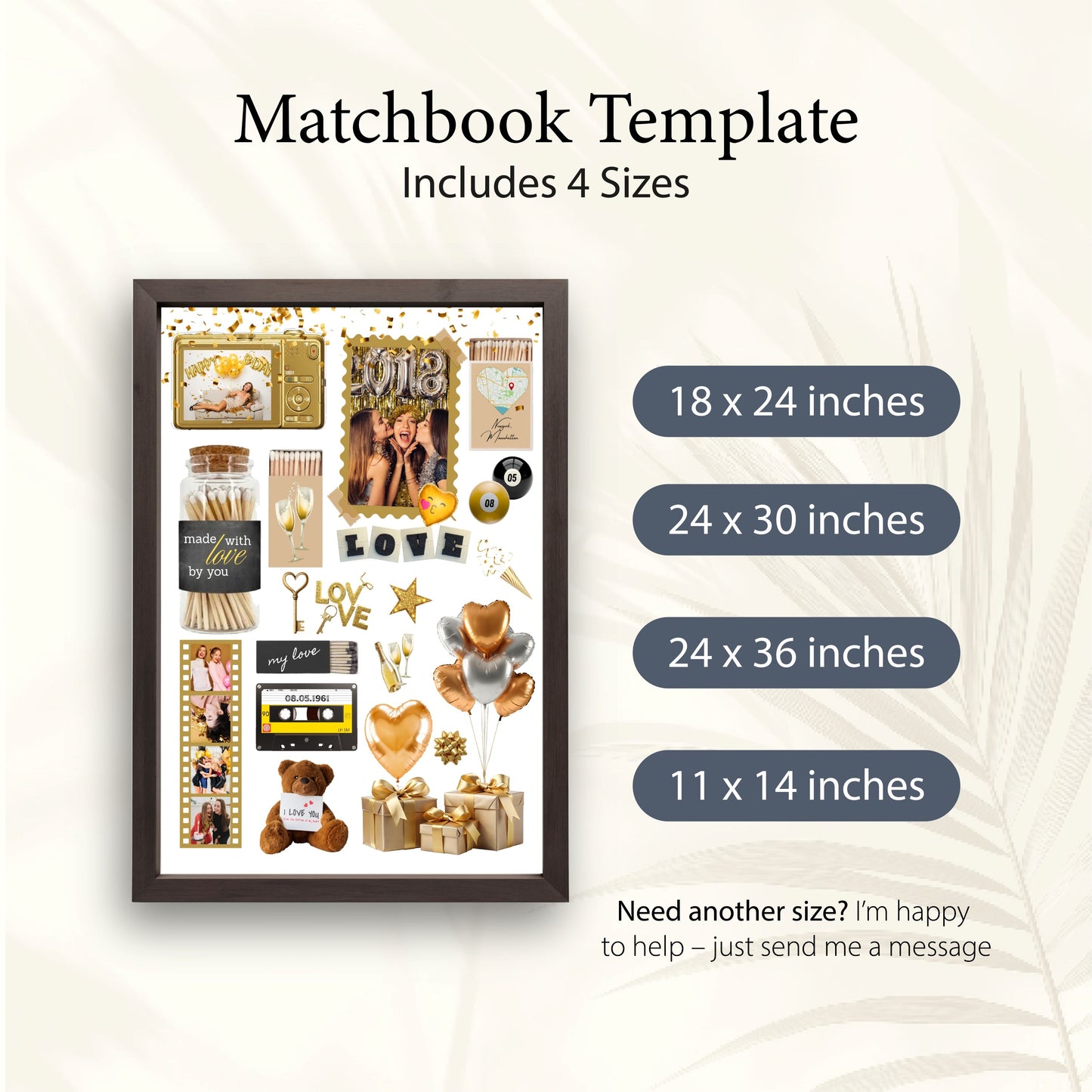 Personalisiertes Matchbook-Poster als Canva-Design-Vorlage in vier verschiedenen Größen von 11x14 bis 24x36 Inches.