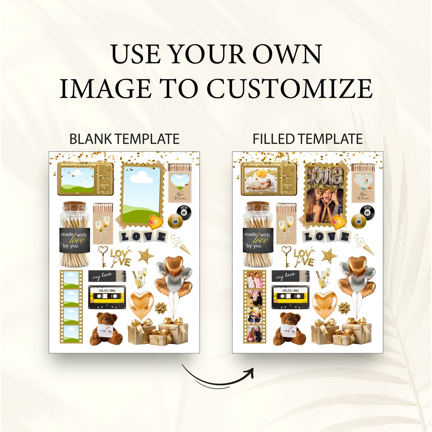 Vergleich einer leeren und ausgefüllten Canva-Vorlage für ein personalisiertes Matchbook-Poster mit eigenen Fotos.
