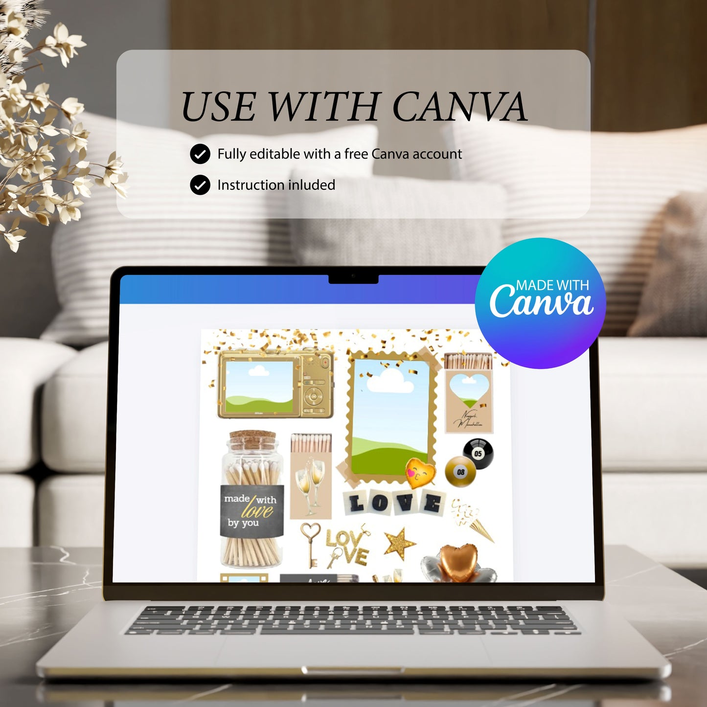 Ein Laptop zeigt die Bearbeitung des personalisierten Matchbook-Posters in Canva mit dem Hinweis „Use with Canva“.