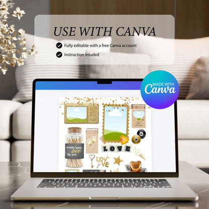 Ein Laptop zeigt die Bearbeitung des personalisierten Matchbook-Posters in Canva mit dem Hinweis „Use with Canva“.