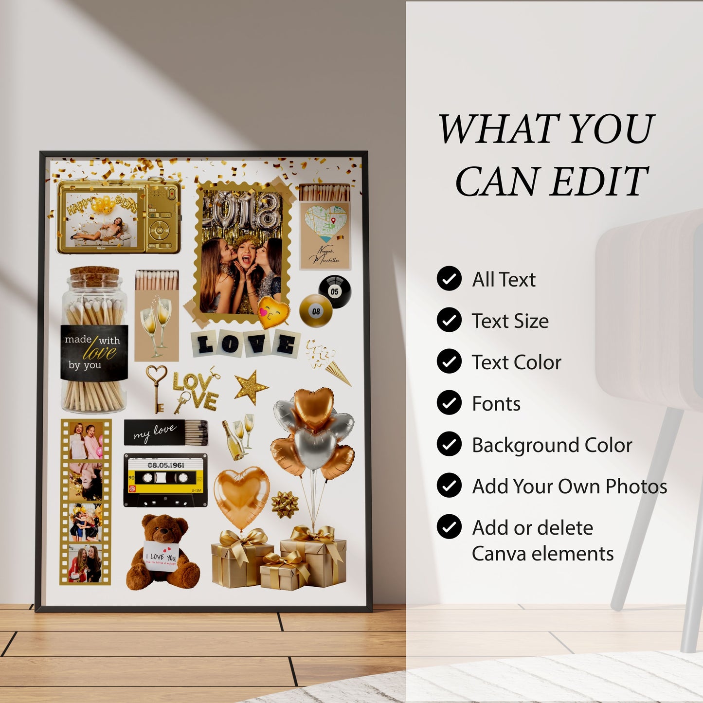 Infografik zum Matchbook-Poster mit Details zu den Editier-Optionen in Canva wie Texte, Farben, Fotos und Elemente.