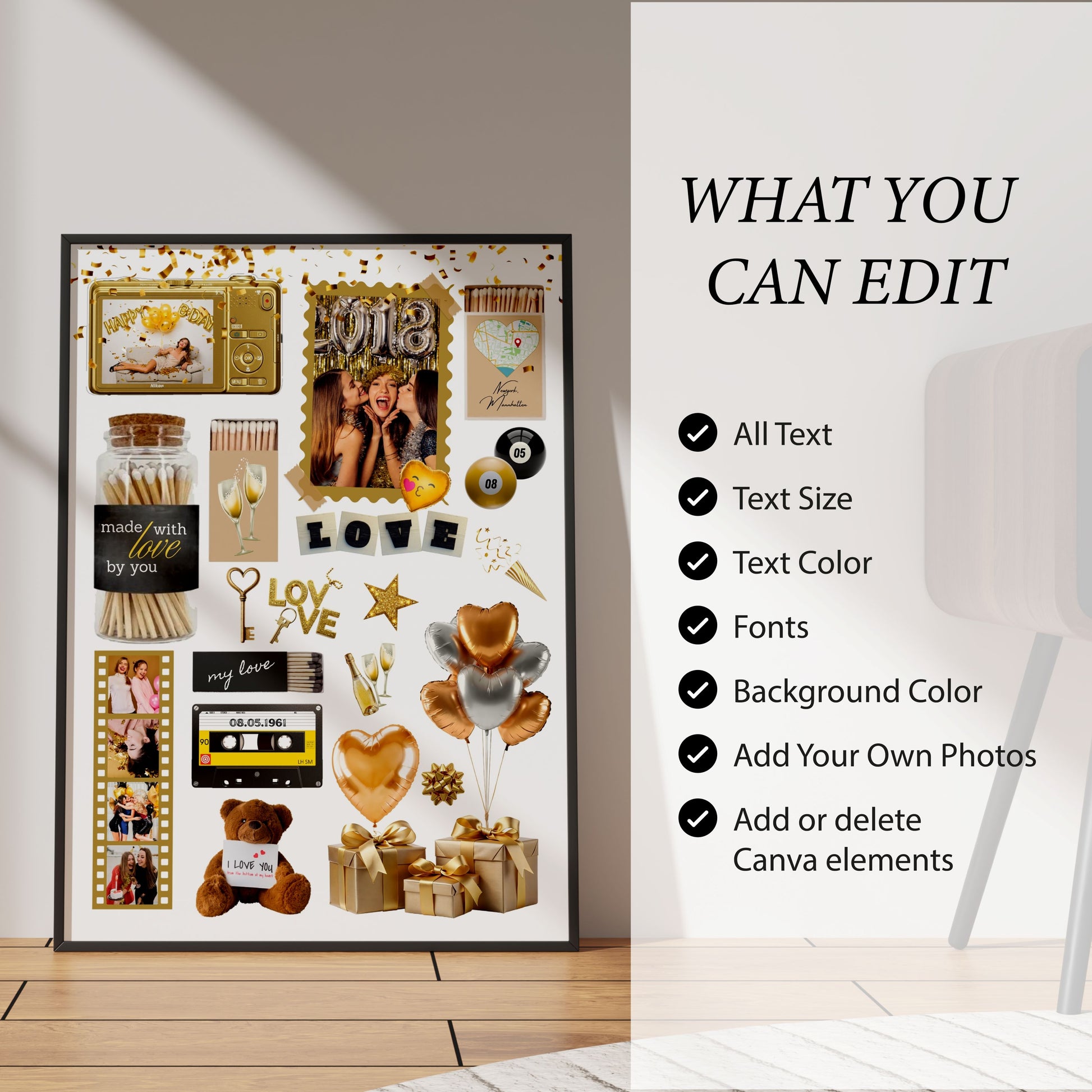 Infografik zum Matchbook-Poster mit Details zu den Editier-Optionen in Canva wie Texte, Farben, Fotos und Elemente.