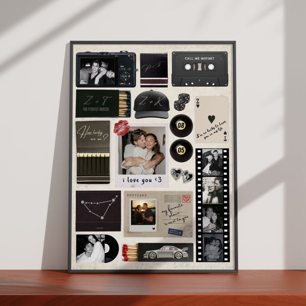 Personalisiertes Matchbook-Poster zum Valentinstag als gerahmte Streichholz-Wanddeko mit individuellen Paarfotos.
