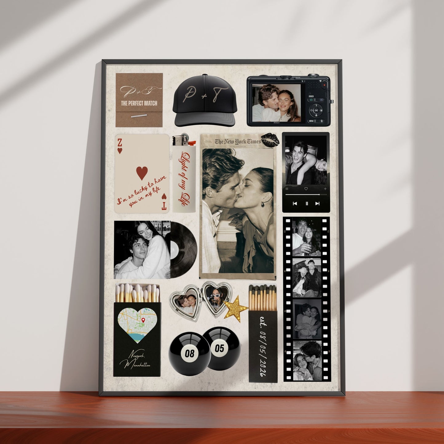 Personalisiertes Matchbook-Poster mit Fotocollage, Streichholz-Grafiken und individuellen Details als digitaler Download.