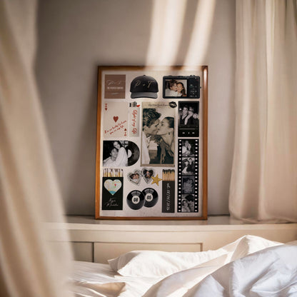 Gerahmtes, personalisiertes Matchbook-Poster auf einer Kommode im hellen Schlafzimmer bei natürlichem Sonnenlicht.