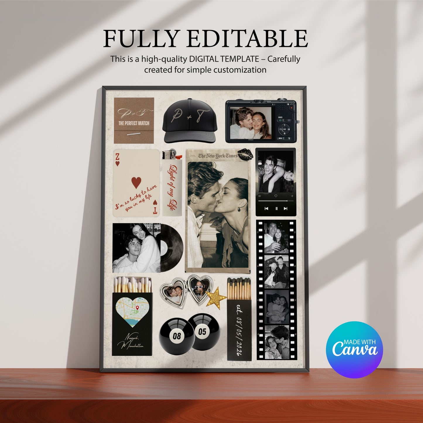 Editierbare Canva-Vorlage für ein personalisiertes Matchbook-Poster mit individueller Fotocollage als digitaler Download.