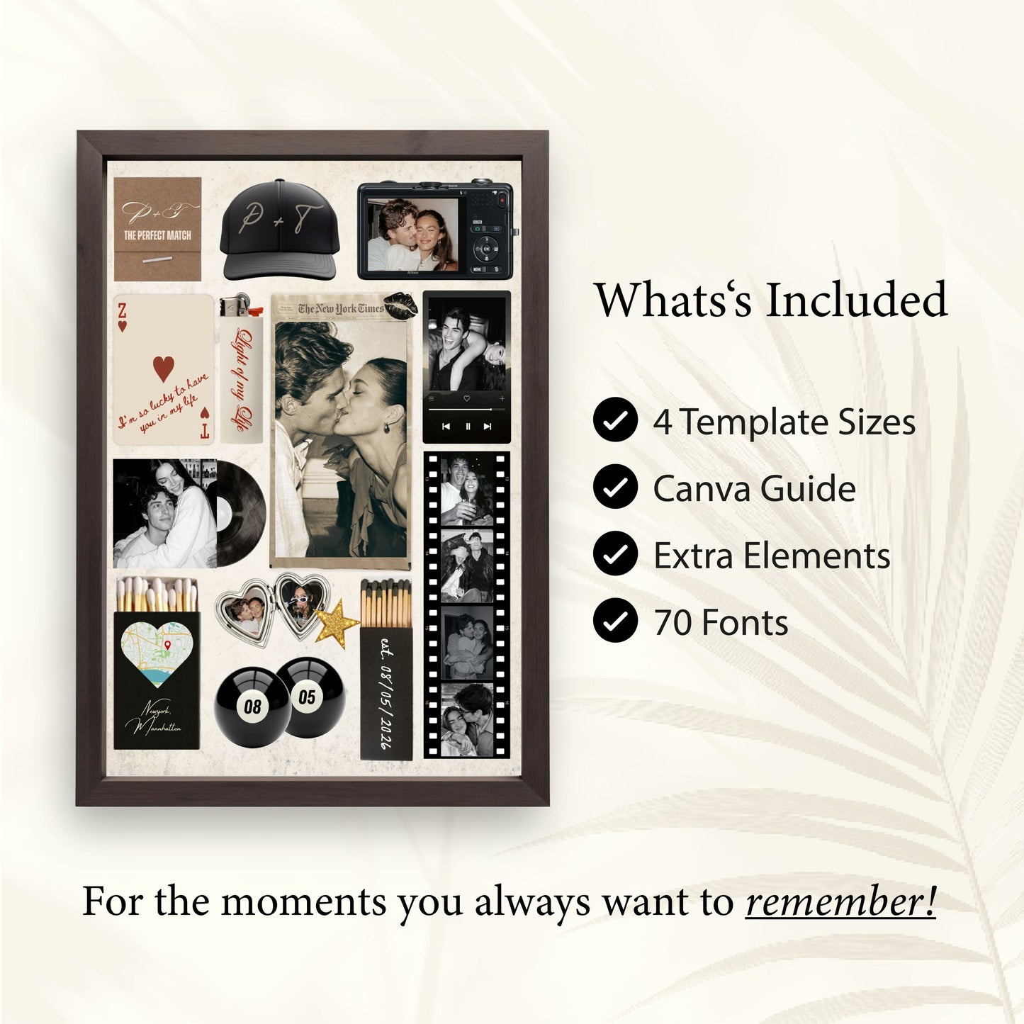 Übersicht des digitalen Matchbook-Poster-Sets: 4 Vorlagengrößen, Canva-Guide und über 70 Schriftarten inklusive.