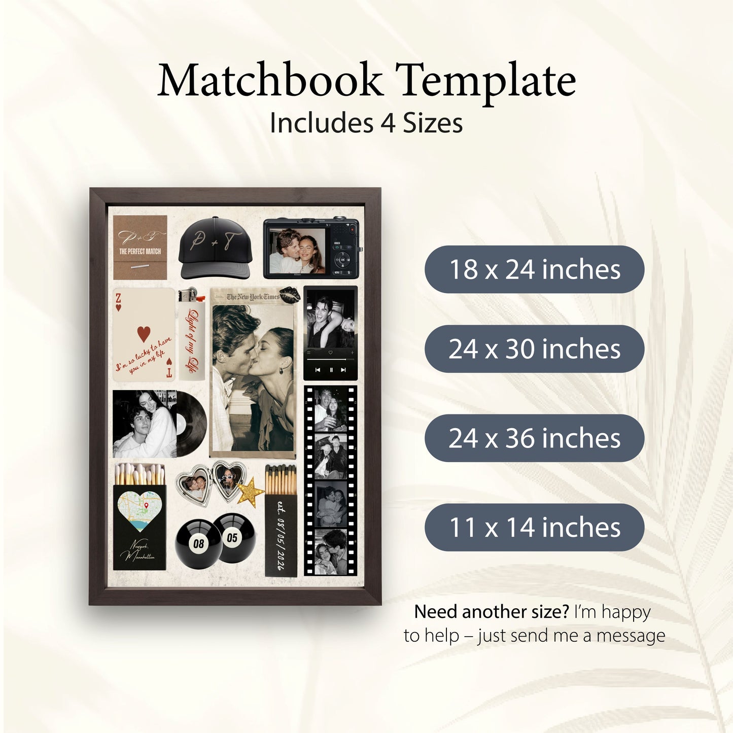Matchbook-Template in 4 Größen (18x24 bis 11x14 Zoll) für personalisierte Streichholz-Wanddeko als digitaler Download.
