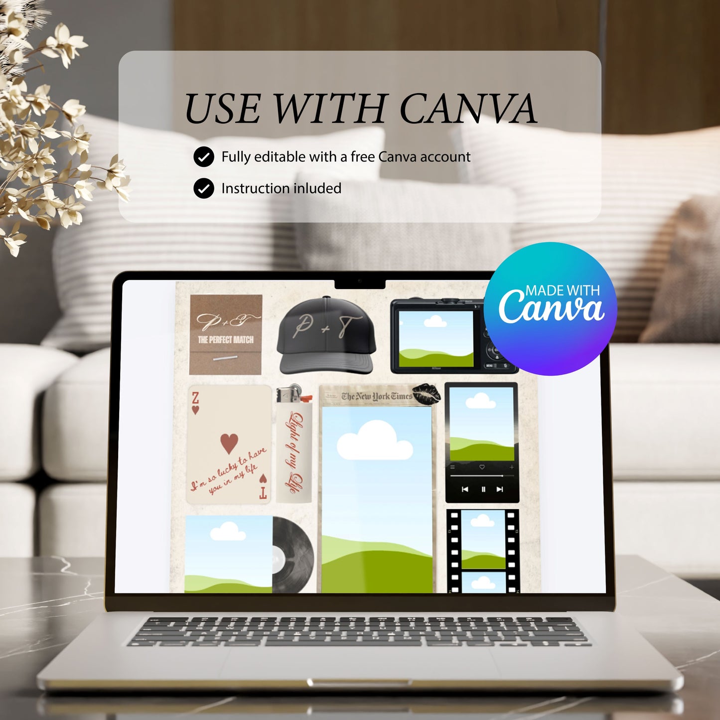 Laptop-Display mit der Canva-Bearbeitungsoberfläche für das personalisierte Matchbook-Poster als digitaler Download.
