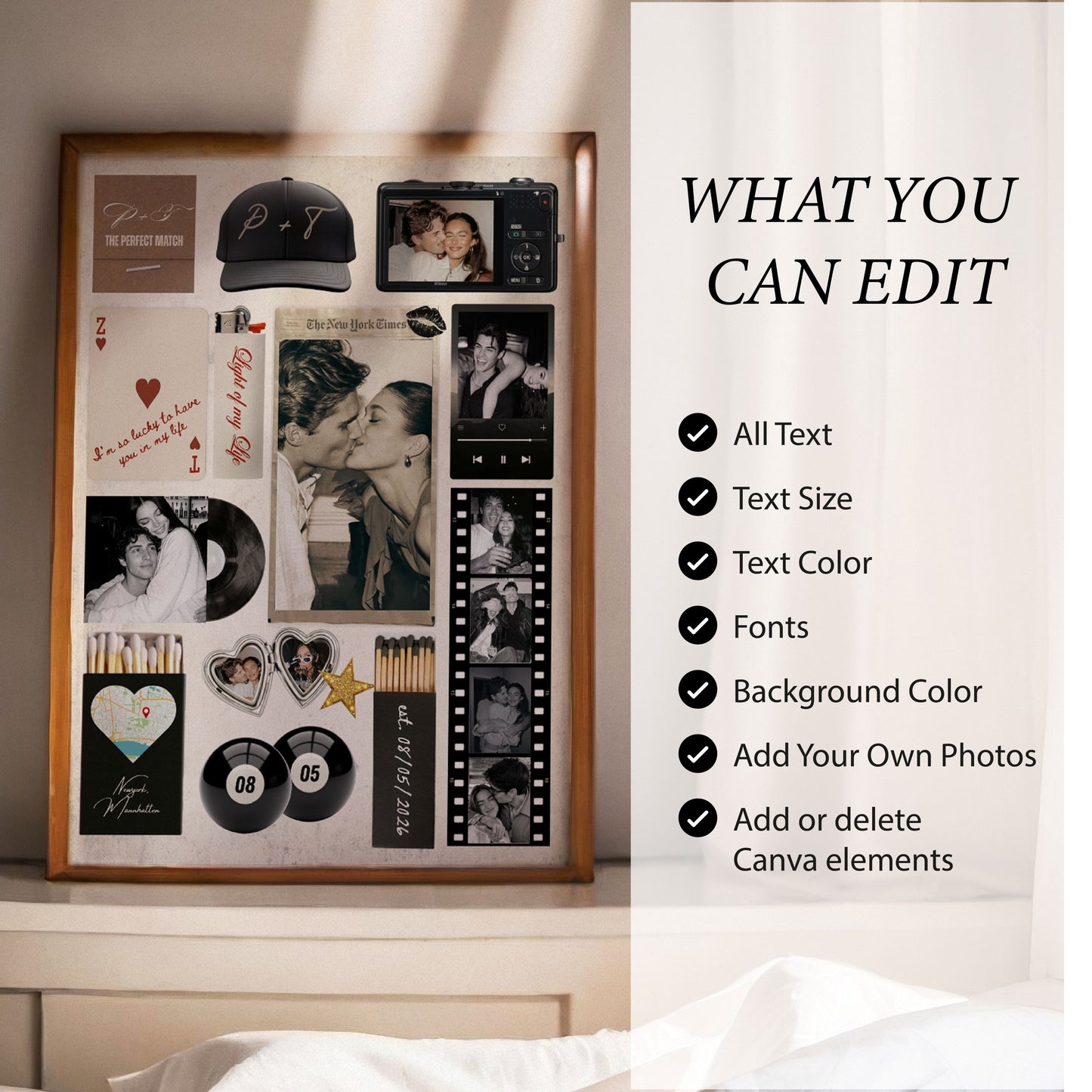 Liste der Anpassungsmöglichkeiten für das Matchbook-Poster: Texte, Farben, Fotos und Hintergründe sind individuell editierbar.