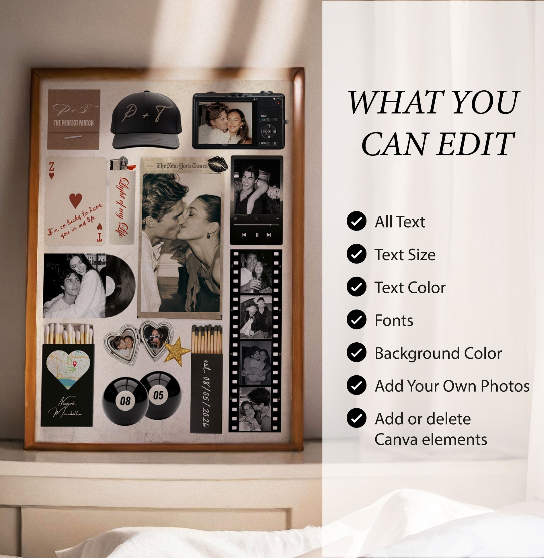 Liste der Anpassungsmöglichkeiten für das Matchbook-Poster: Texte, Farben, Fotos und Hintergründe sind individuell editierbar.