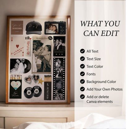 Liste der Anpassungsmöglichkeiten für das Matchbook-Poster: Texte, Farben, Fotos und Hintergründe sind individuell editierbar.