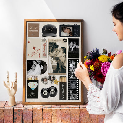 Gerahmtes Matchbook-Poster als Wanddeko neben einer Frau mit Blumenstrauß in einem hellen, modernen Interieur.