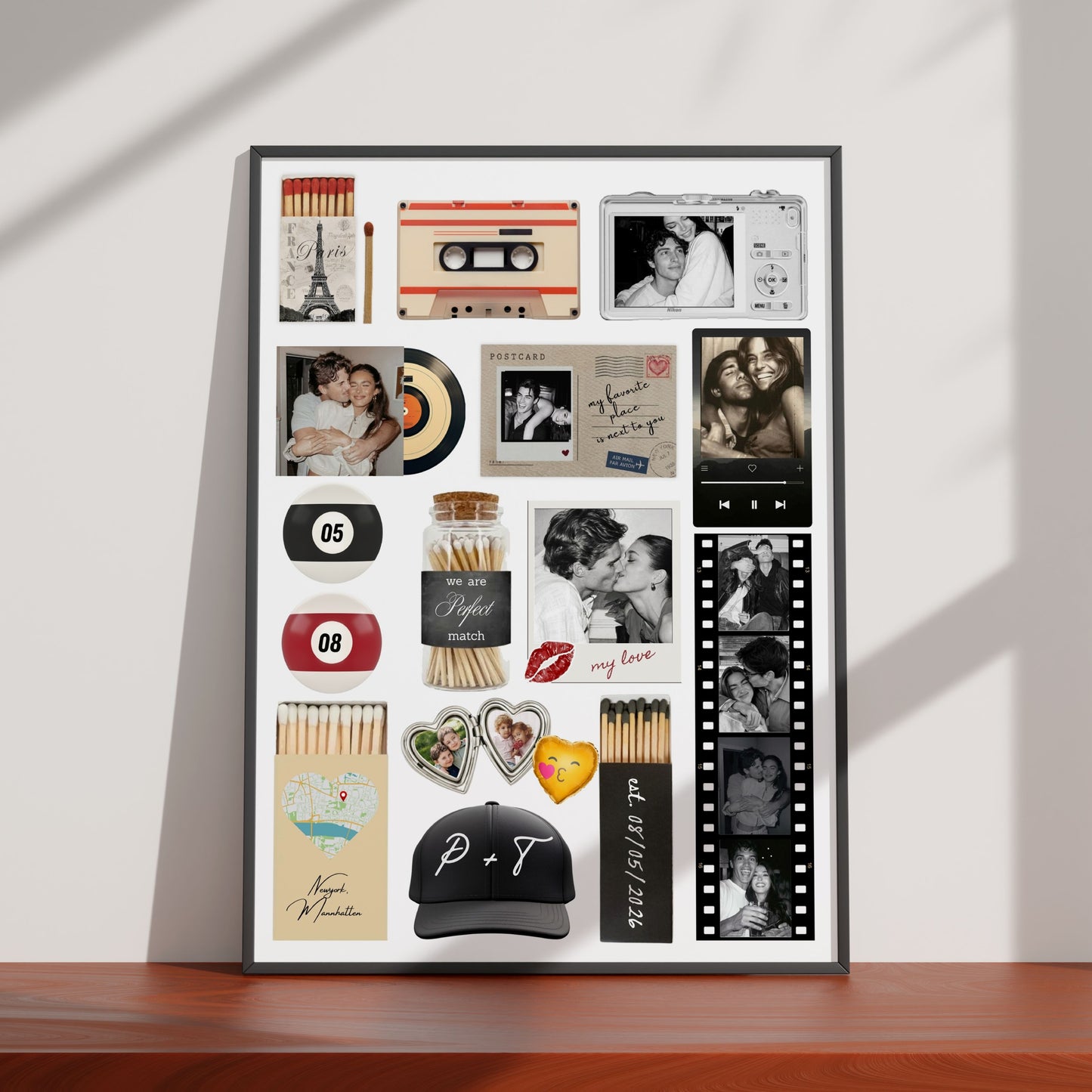 Personalisiertes Matchbook-Poster mit Streichholz-Designs, Fotos und Kassette als gerahmtes Wandbild zur Hochzeit.