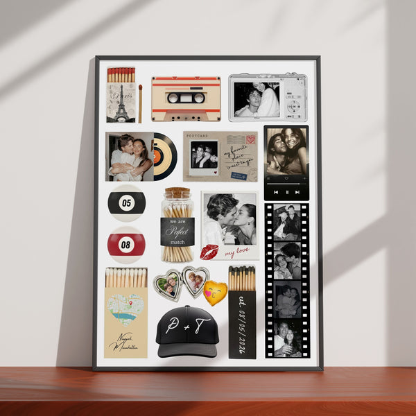 Personalisiertes Matchbook-Poster mit Streichholz-Designs, Fotos und Kassette als gerahmtes Wandbild zur Hochzeit.