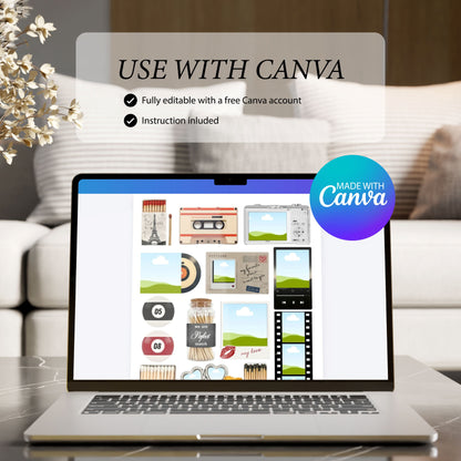 Ein Laptop zeigt die Bearbeitung des personalisierten Matchbook-Posters in Canva mit der Aufschrift „Use with Canva“.