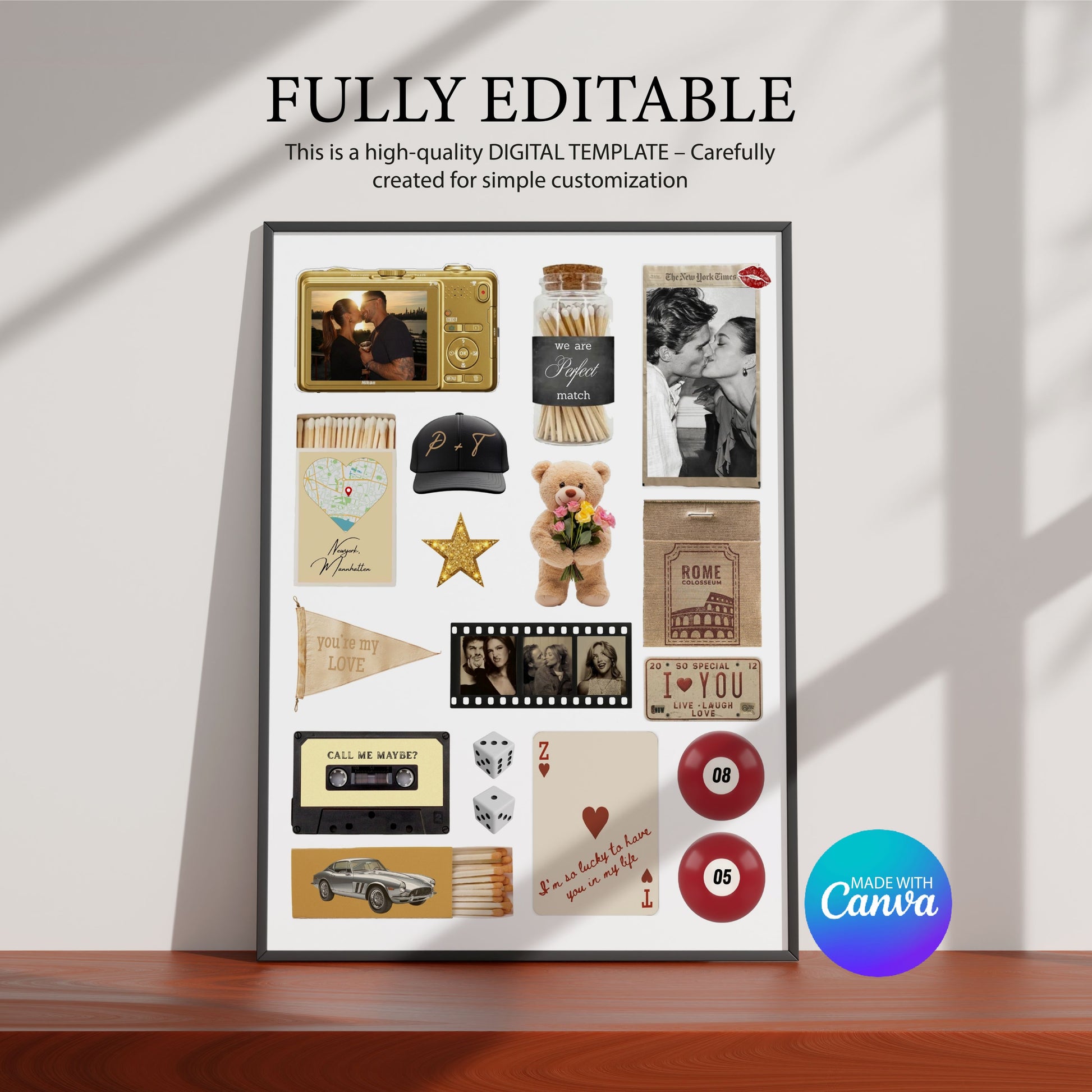 Editierbare Canva-Vorlage für ein personalisiertes Matchbook-Poster mit Retro-Elementen als digitaler Download.