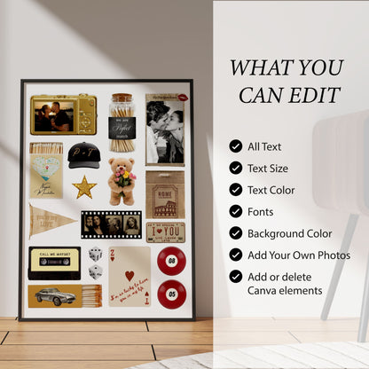 Übersicht der Bearbeitungsoptionen für das Matchbook-Poster: Texte, Farben, Schriften und eigene Fotos in Canva anpassen.
