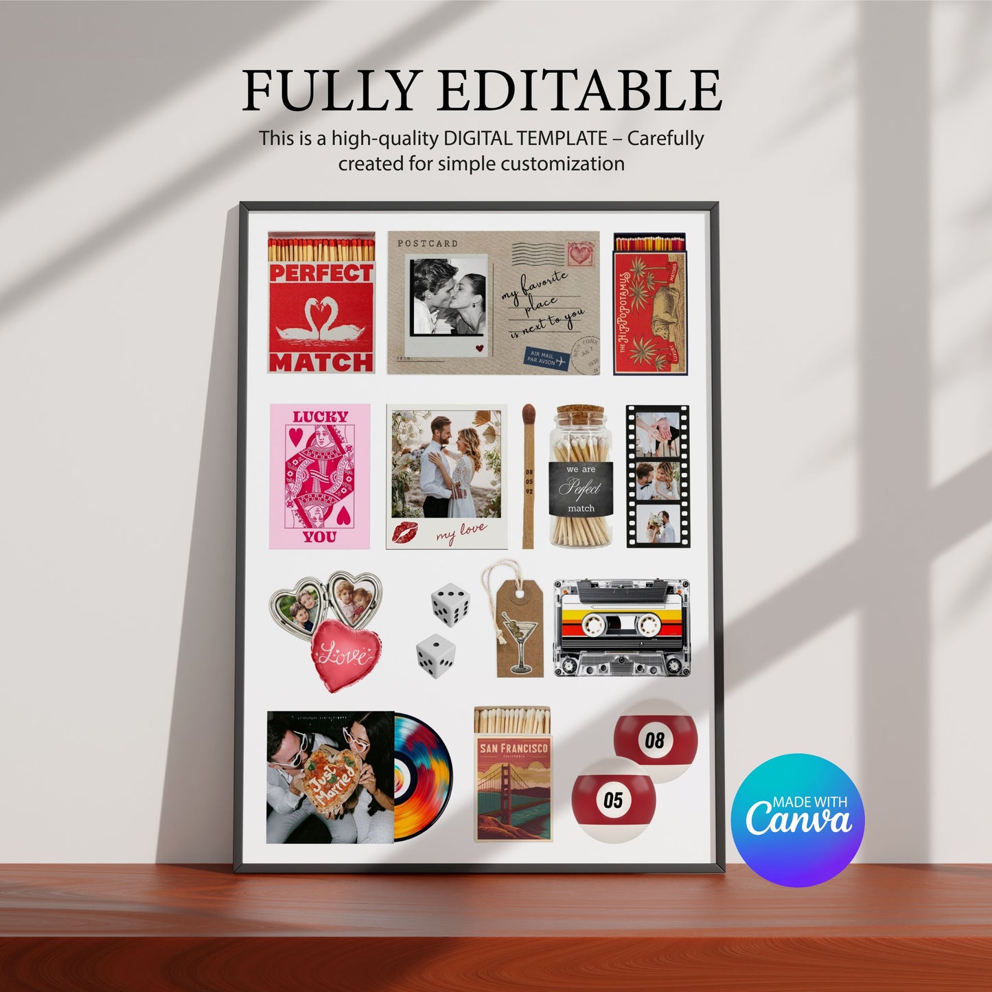 Digitales Matchbook-Poster im Rahmen mit „Fully Editable“-Schriftzug und Canva-Logo für personalisierte Wanddeko.