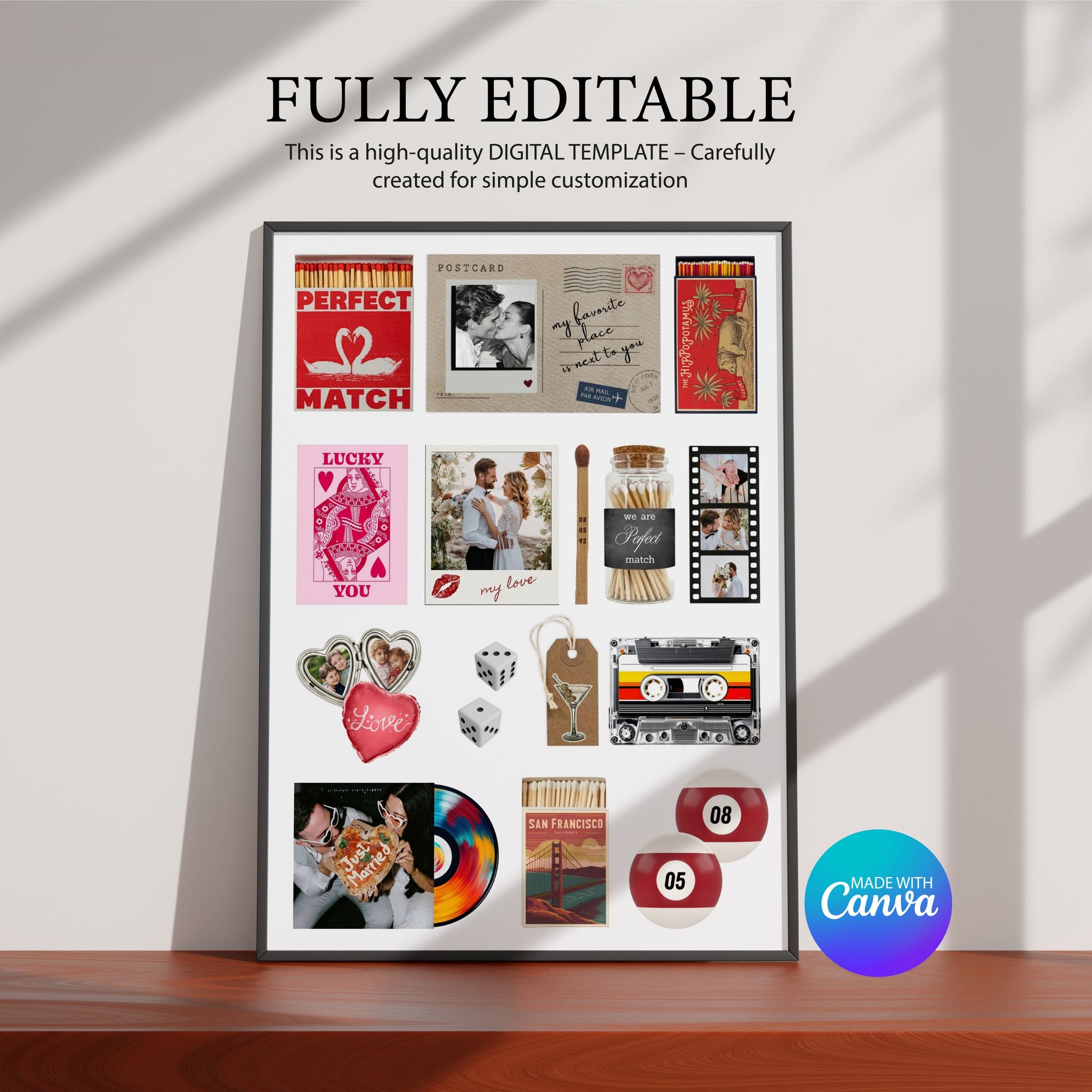 Digitales Matchbook-Poster im Rahmen mit „Fully Editable“-Schriftzug und Canva-Logo für personalisierte Wanddeko.
