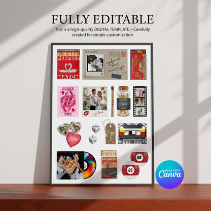 Digitales Matchbook-Poster im Rahmen mit „Fully Editable“-Schriftzug und Canva-Logo für personalisierte Wanddeko.