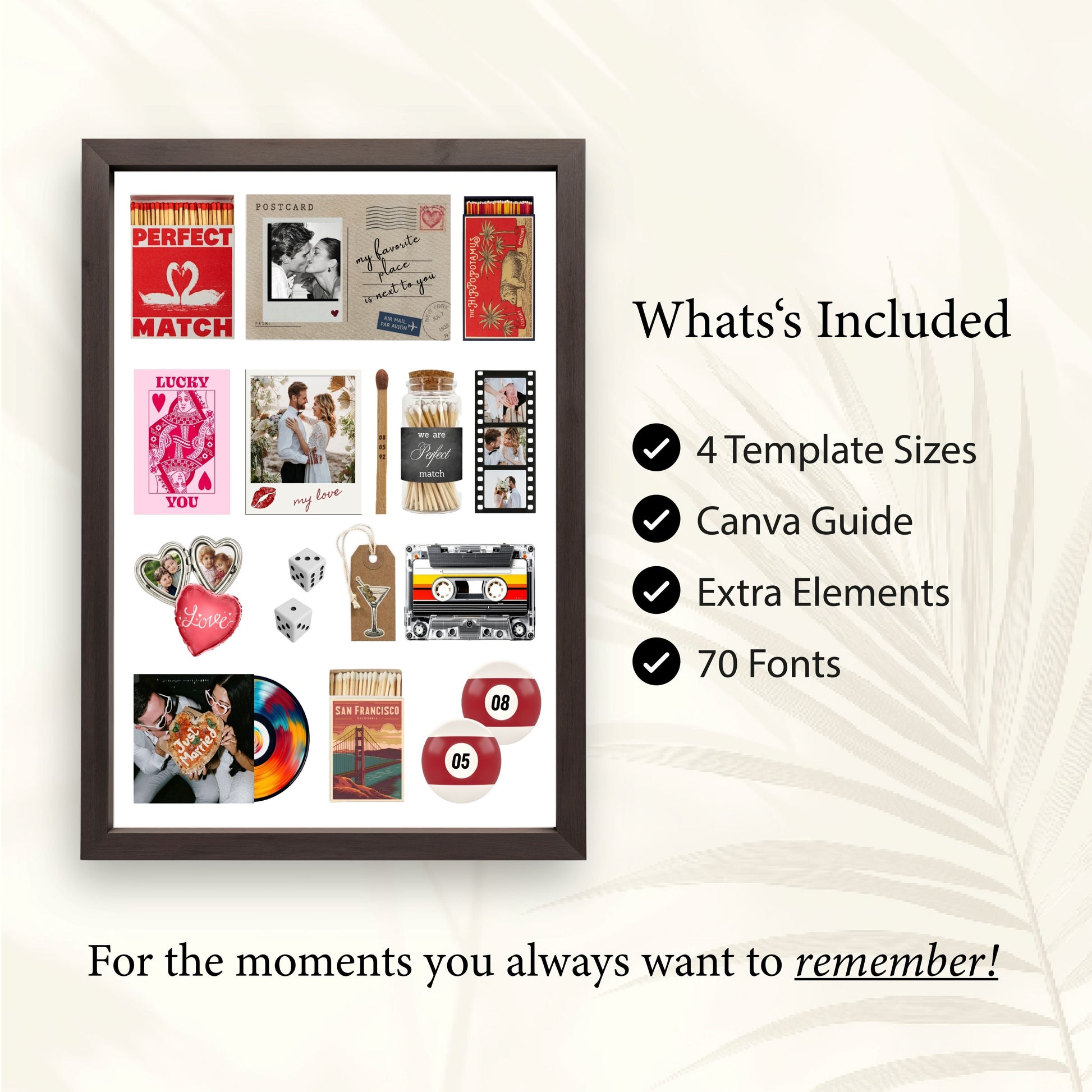 Matchbook-Poster-Vorlage mit „Whats Included“-Liste: 4 Größen, Canva Guide, extra Elemente und 70 Schriftarten.