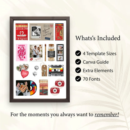 Matchbook-Poster-Vorlage mit „Whats Included“-Liste: 4 Größen, Canva Guide, extra Elemente und 70 Schriftarten.