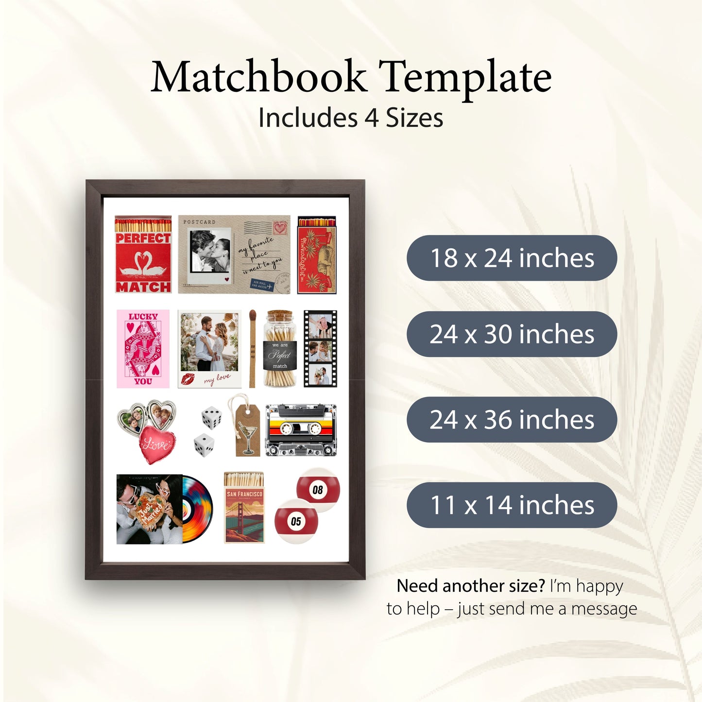 Matchbook-Template-Poster in 4 verschiedenen Größen (18x24, 24x30, 24x36 und 11x14 Inches) für individuelle Wanddeko.