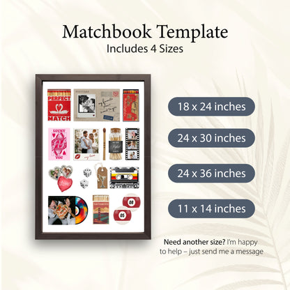 Matchbook-Template-Poster in 4 verschiedenen Größen (18x24, 24x30, 24x36 und 11x14 Inches) für individuelle Wanddeko.