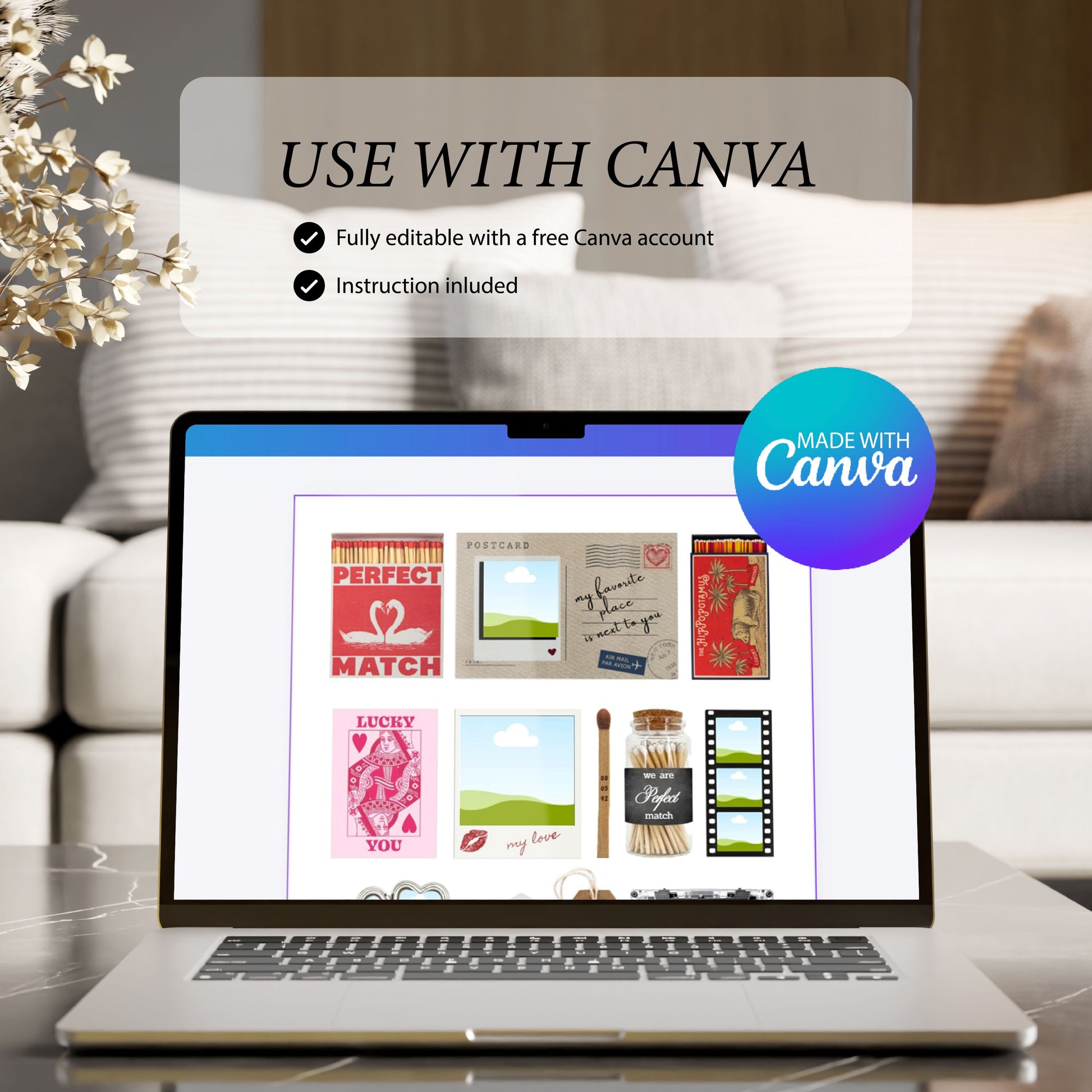 Laptop zeigt die Bearbeitung des Matchbook-Posters in Canva mit dem Hinweis „Fully editable with a free Canva account“.