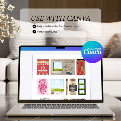 Laptop zeigt die Bearbeitung des Matchbook-Posters in Canva mit dem Hinweis „Fully editable with a free Canva account“.