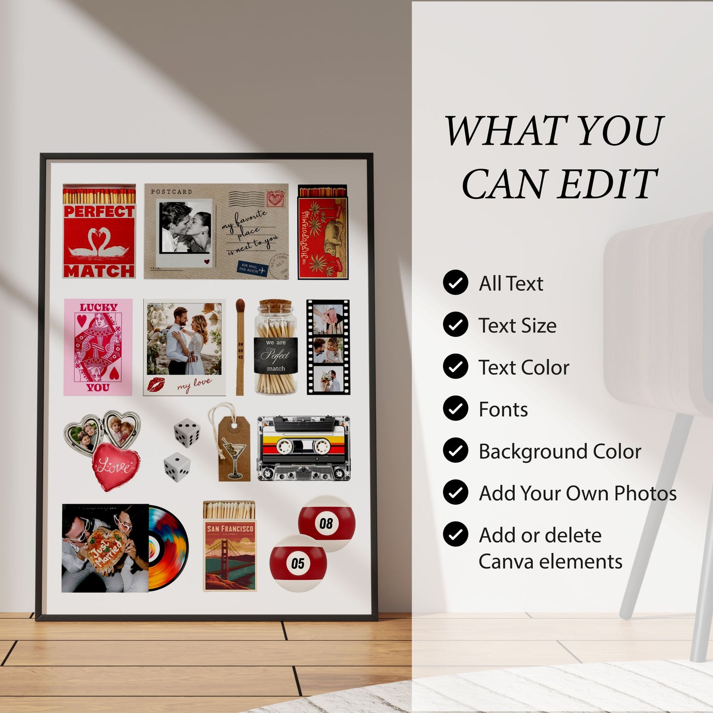 Matchbook-Poster im Rahmen neben einer Checkliste für Canva-Anpassungen wie Texte, Farben, Schriftarten und Fotos.