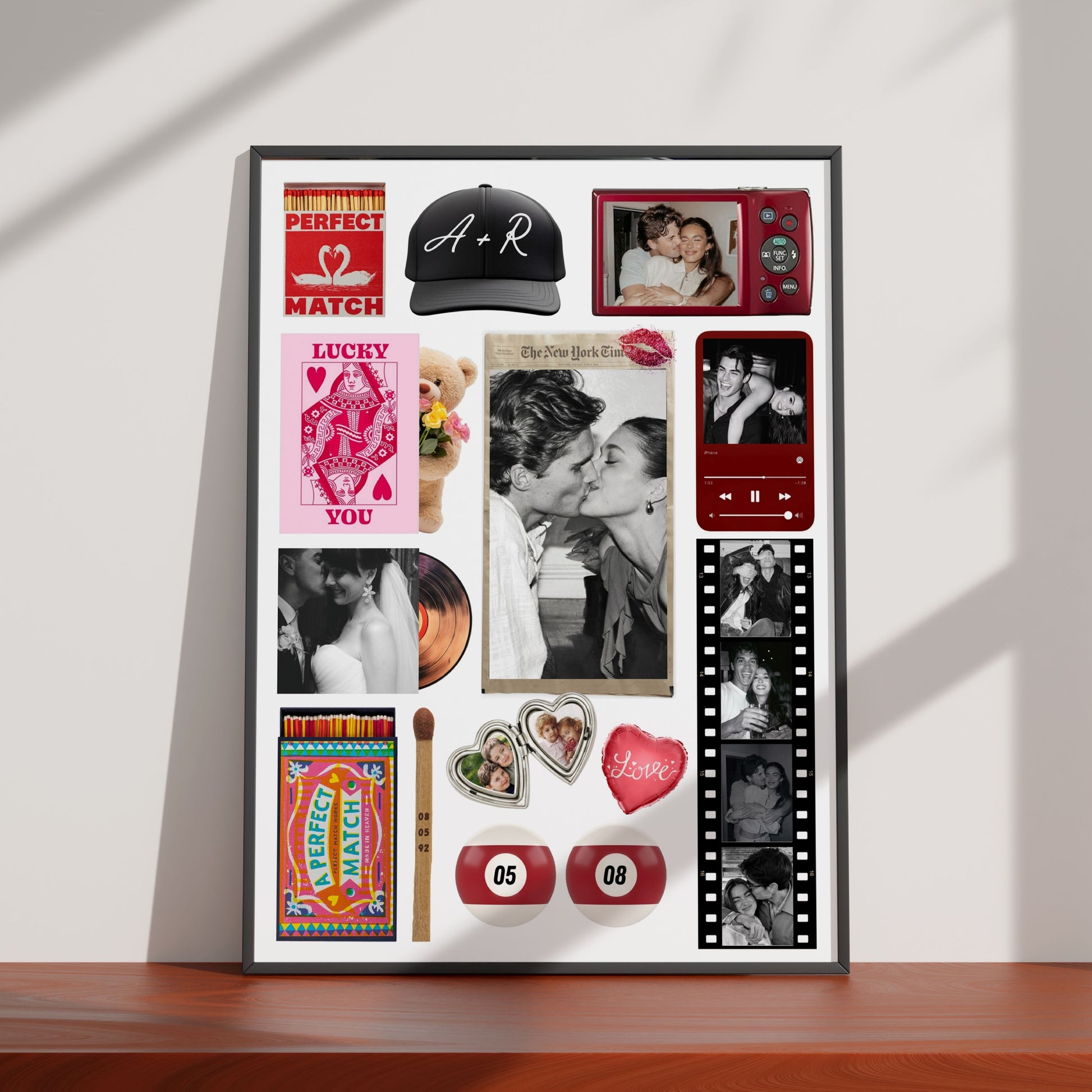 Personalisiertes Matchbook-Poster im Collagen-Stil mit Fotos, Streichholzschachtel und digitalen Deko-Elementen in Rot.