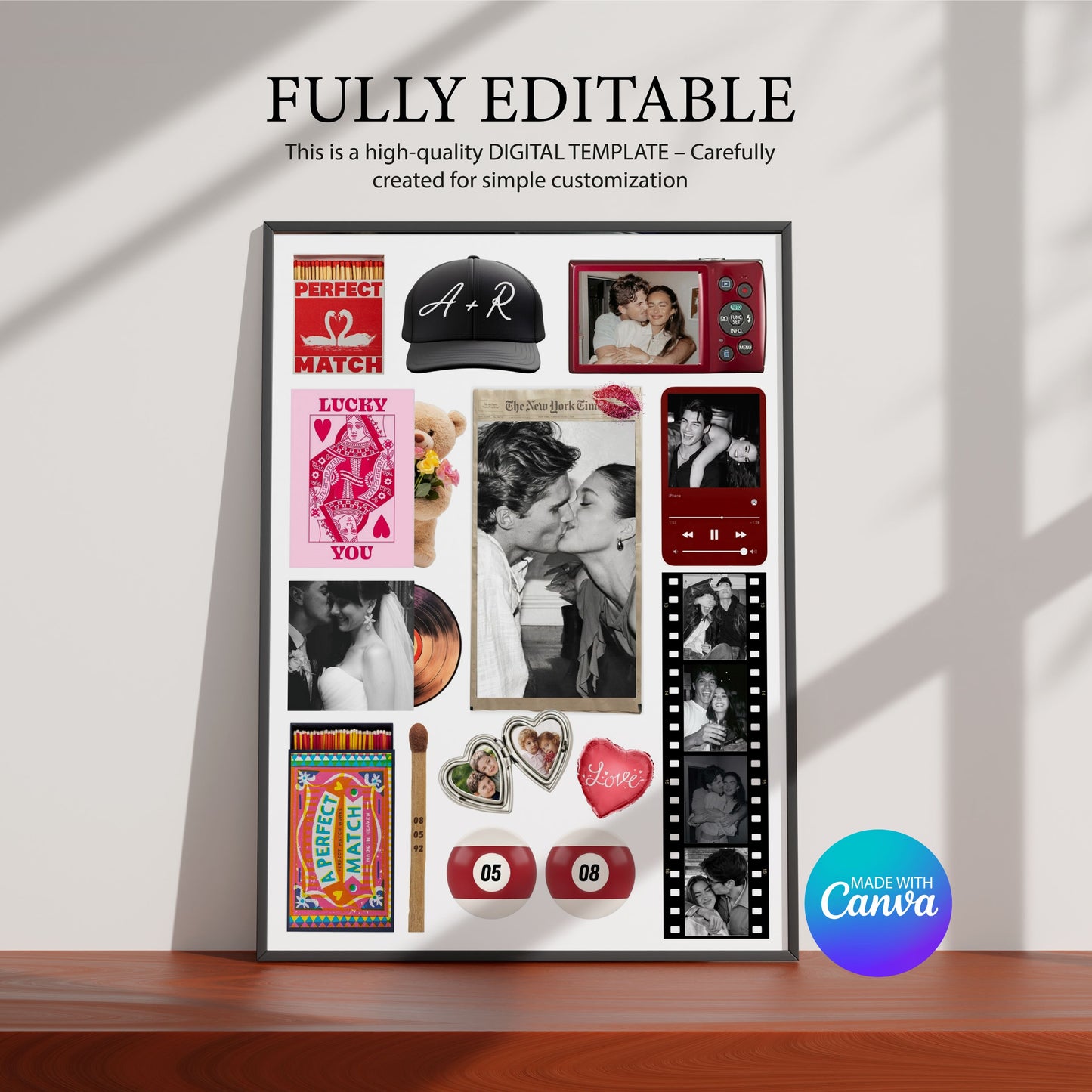 Personalisiertes Matchbook-Poster als bearbeitbare Canva-Vorlage mit individuellen Fotofeldern und Texten.
