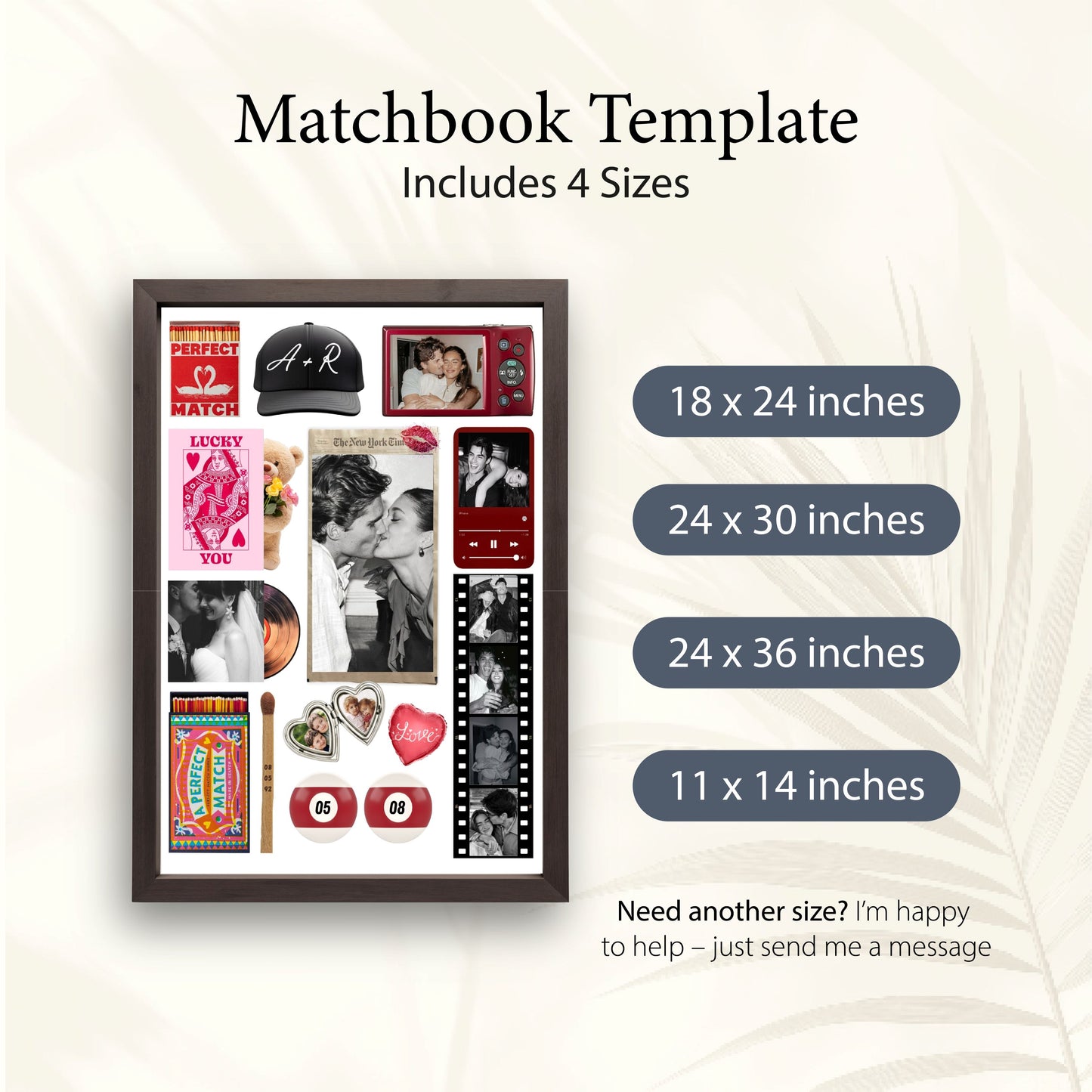 Matchbook-Poster Template in vier verschiedenen digitalen Größen, darunter 18x24, 24x30, 24x36 und 11x14 Inches.