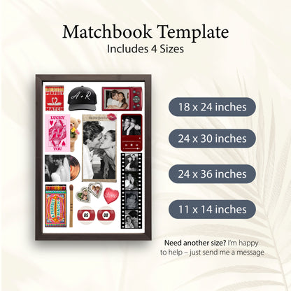 Matchbook-Poster Template in vier verschiedenen digitalen Größen, darunter 18x24, 24x30, 24x36 und 11x14 Inches.