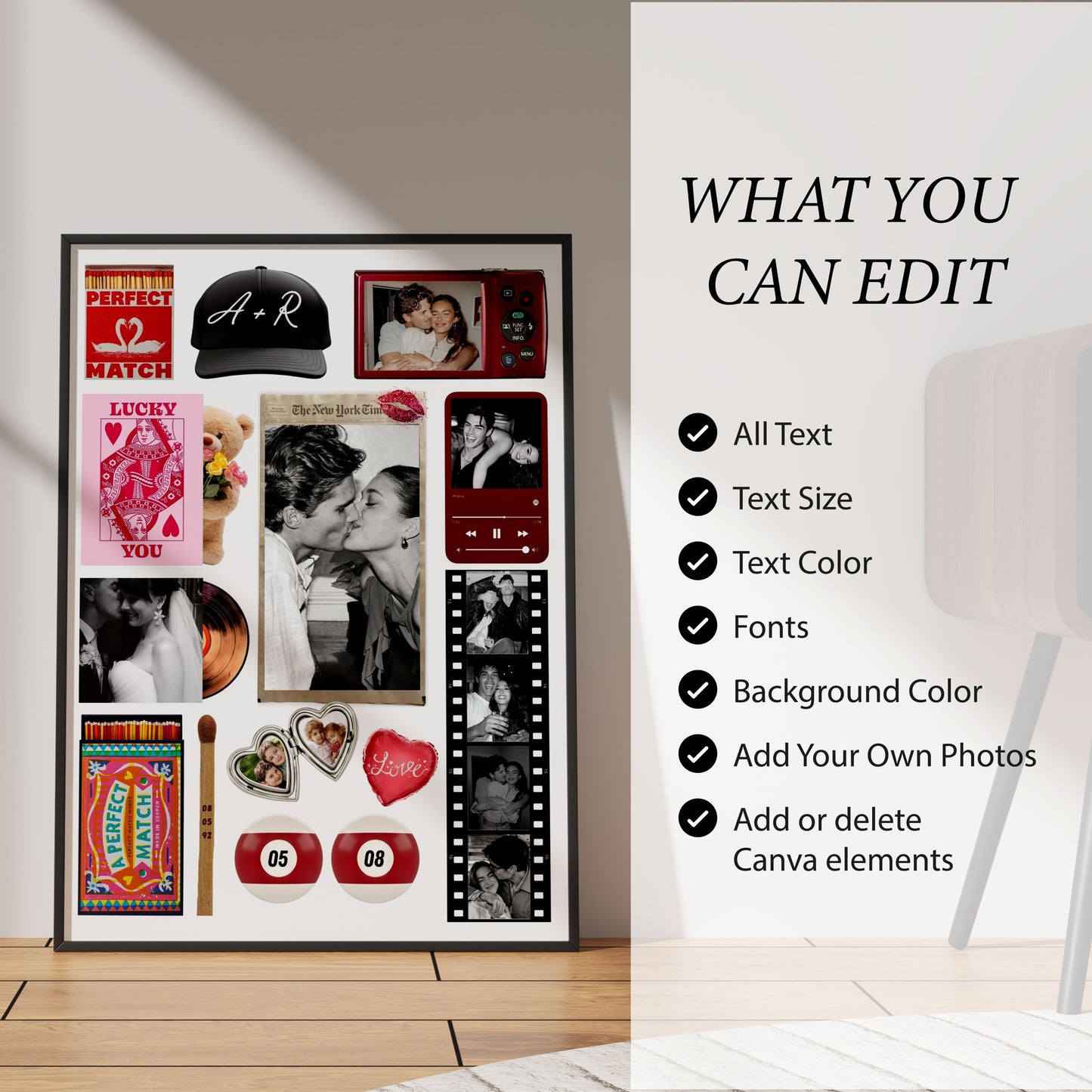Infografik zum personalisierten Matchbook-Poster mit Details zur Anpassung von Text, Farben, Schriftart und Fotos.