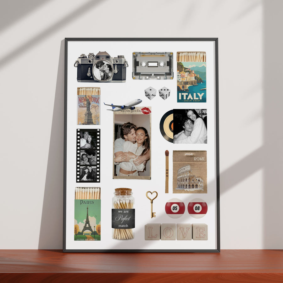 Personalisiertes Matchbook Poster mit Fotos, Illustrationen von Streichholzschachteln und Reise-Elementen als Wanddeko.