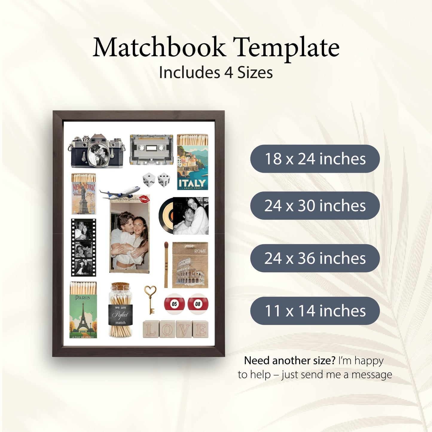Personalisiertes Matchbook Poster als digitale Vorlage in vier verschiedenen Größen von 11x14 bis 24x36 Inches.