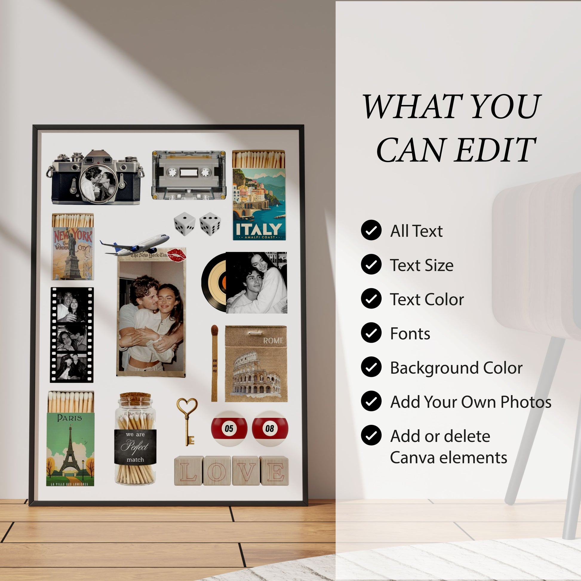 Personalisiertes Matchbook Poster mit einer Liste bearbeitbarer Funktionen wie Textfarbe, Schriftart und Hintergrund.
