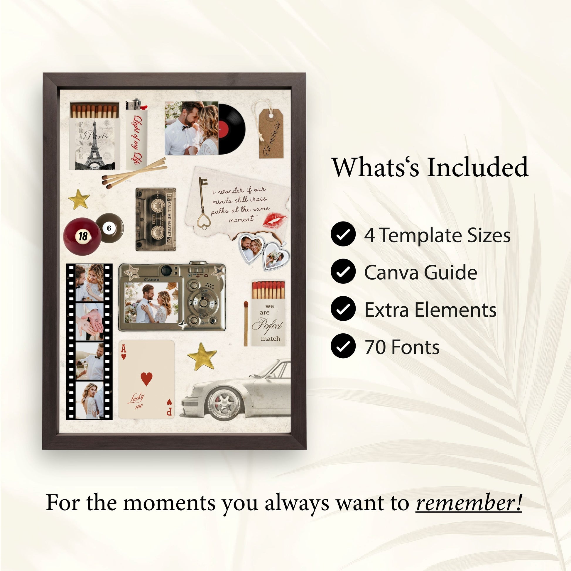 Infografik zum Matchbook Poster mit Inhalten: 4 Formate, Canva-Guide, extra Elemente und 70 Schriftarten für Wanddeko.